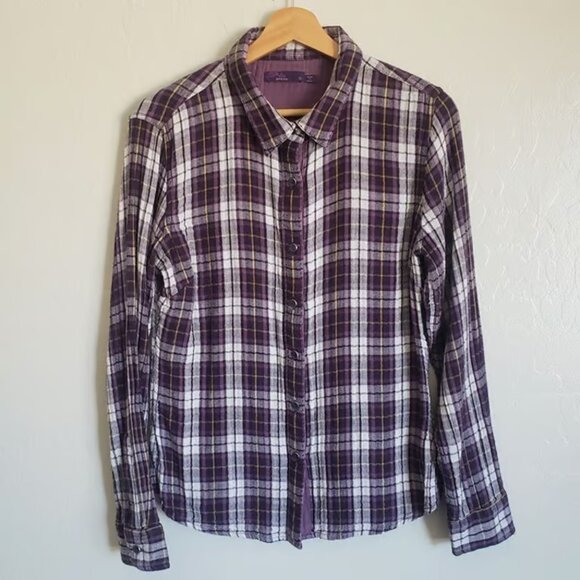 PrAna Riley Gauzy Organic Cotton Plaid Button Up Top Long Sleeve Purple Womens M - Picture 1 of 6